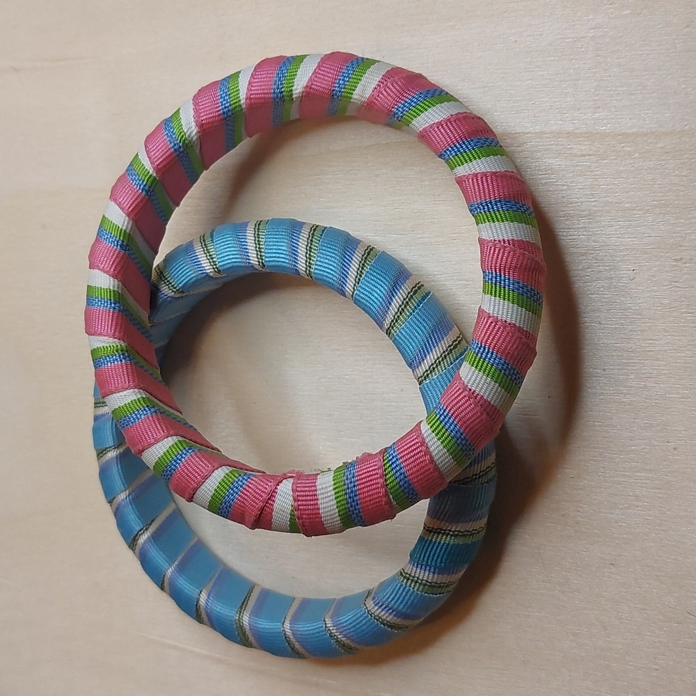 Lot of 2 Ribbon Wrapped Bangles Multicolor Bracelets Repurposed Handmade